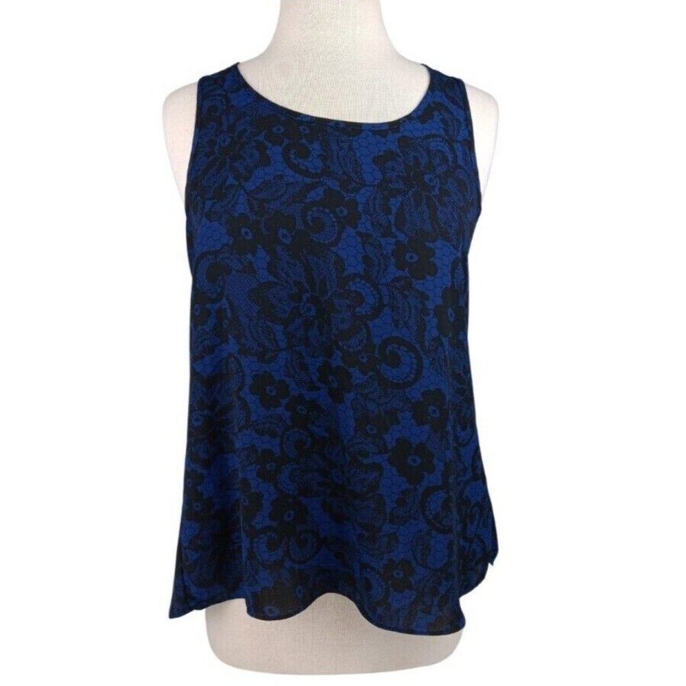 EXPRESS tank top Split Back Tank Top Floral Lace Print Black/Blue Sz S - Picture 2 of 4